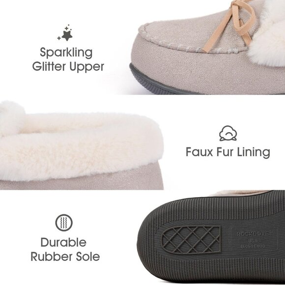 Women's Cloud Gray Glittered Faux Fur Lining Wrap Rubber Sole Slipper Bootie - Picture 3 of 6